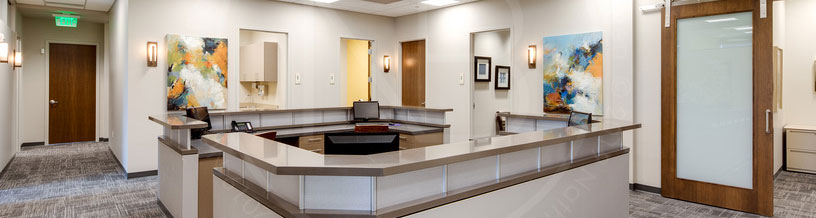 large rectangular desk in medical office